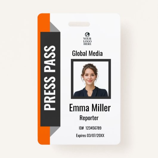 Custom Black & Orange Media Pass | Press ID  Badge バッジ (正面)