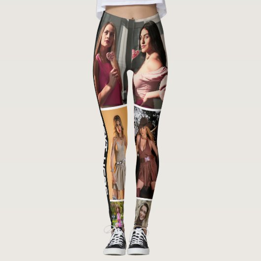 Custom Black Photo Collage Leggings with Text レギンス (正面)
