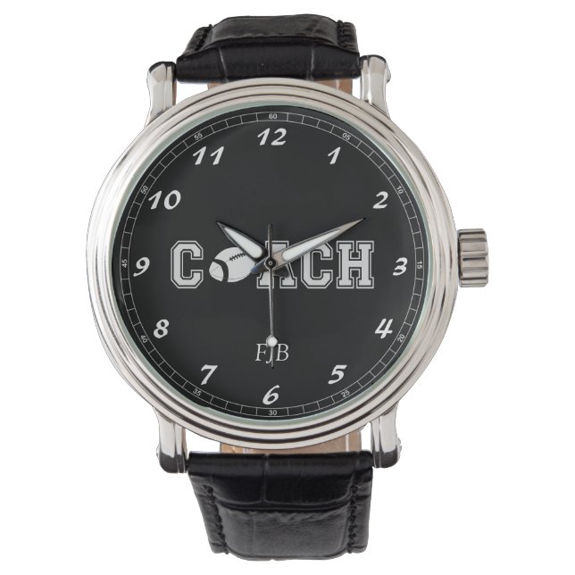 Custom Black Vintage Leather Watch Football Coach 腕時計 (正面)