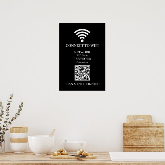 Custom Black WiFi QR | Network Password Display ポスター (キッチン)