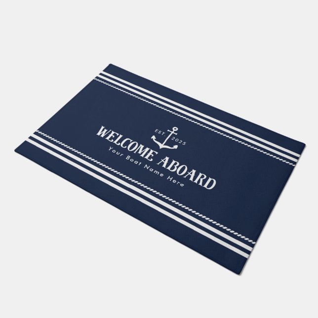 Custom Blue Boat Name Nautical Welcome Aboard ドアマット (アングル)