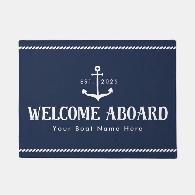 Custom Blue Boat Name Welcome Aboard Nautical ドアマット (正面)