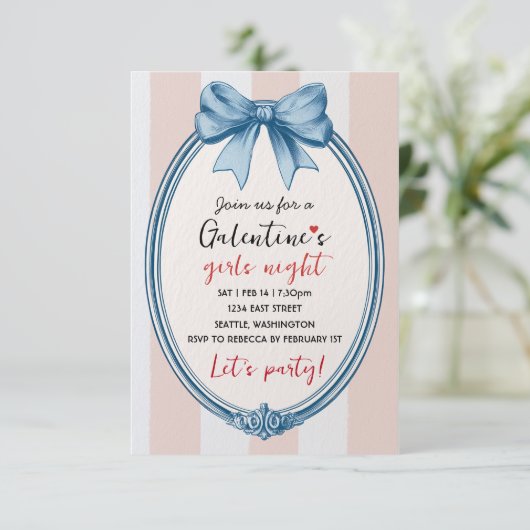 Custom Blue Bow Galentines Party Invitation 出欠カード (スタンド正面)