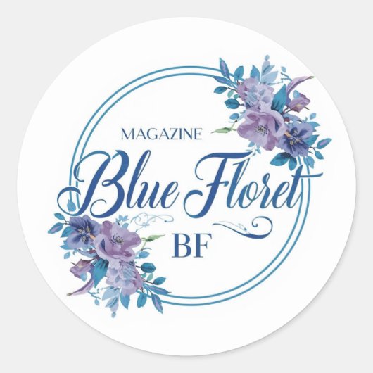 Custom Blue Floral Logo Sticker – Elegant Round  ラウンドシール (正面)