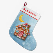 Custom Blue Gingerbread House Christmas Stocking ラージクリスマスストッキング (正面 (吊り時))