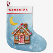 Custom Blue Gingerbread House Christmas Stocking ラージクリスマスストッキング (正面)