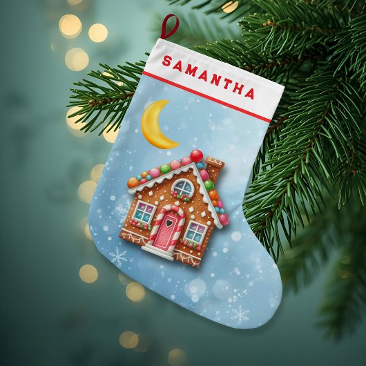 Custom Blue Gingerbread House Christmas Stocking ラージクリスマスストッキング