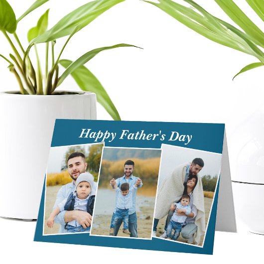 Custom Blue Happy Father's Day Photo Collage カード