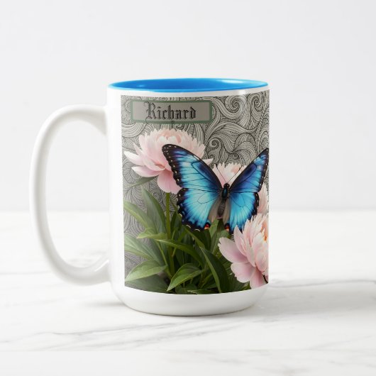 Custom Blue Morpho Butterfly Floral Artistic Name ツートーンマグカップ (左)