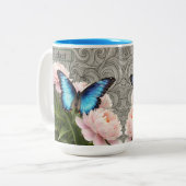 Custom Blue Morpho Butterfly Floral Artistic Name ツートーンマグカップ (正面左)