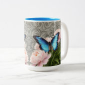 Custom Blue Morpho Butterfly Floral Artistic Name ツートーンマグカップ (正面右)
