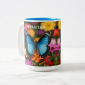 Custom Blue Morpho Butterfly Floral Botanical  ツートーンマグカップ (正面左)