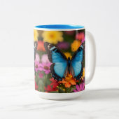 Custom Blue Morpho Butterfly Floral Botanical  ツートーンマグカップ (正面右)