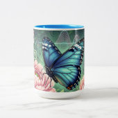 Custom Blue Morpho Butterfly Floral Name ツートーンマグカップ (中央)