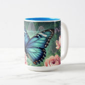 Custom Blue Morpho Butterfly Floral Name ツートーンマグカップ (正面右)