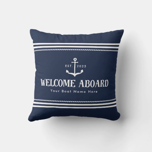 Custom Blue Striped Boat Nautical Welcome Aboard  クッション (裏面)