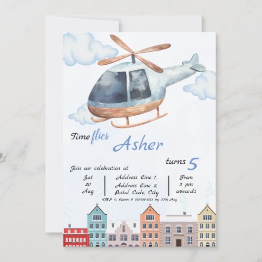 Custom Blue Watercolor Helicopter Boys Birthday 招待状 (正面)