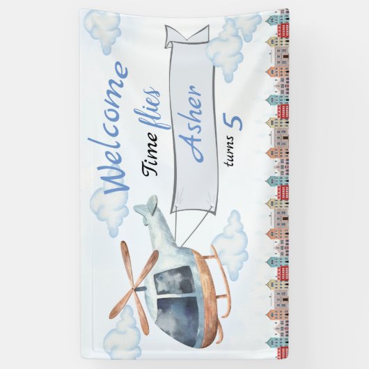 Custom Blue Watercolor Helicopter Boys Birthday 横断幕 (縦)