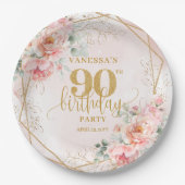 Custom Blush Floral Gold Glitter 90th Birthday  ペーパープレート (正面)