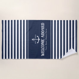 Custom Boat Name Striped Blue White Welcome Aboard ビーチタオル