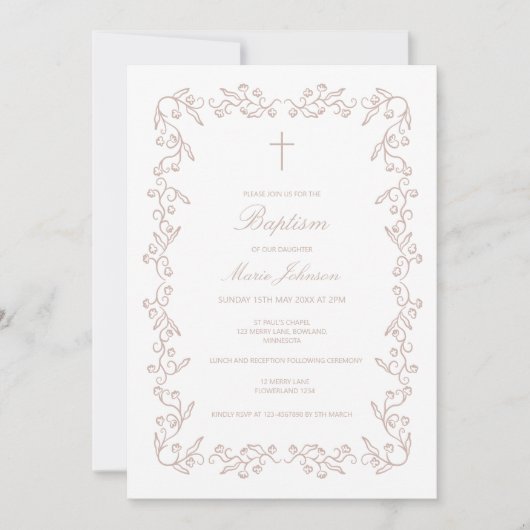 Custom Boho floral girl Baptism Invitation 招待状 (正面)