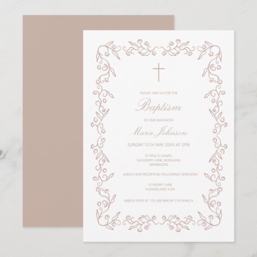 Custom Boho floral girl Baptism Invitation 招待状 (正面/裏面)