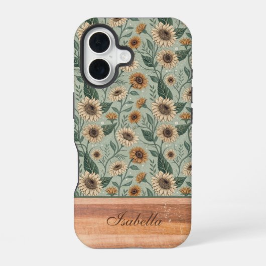 Custom Boho Sunflowers Wood Effect iPhone 16ケース (裏面)