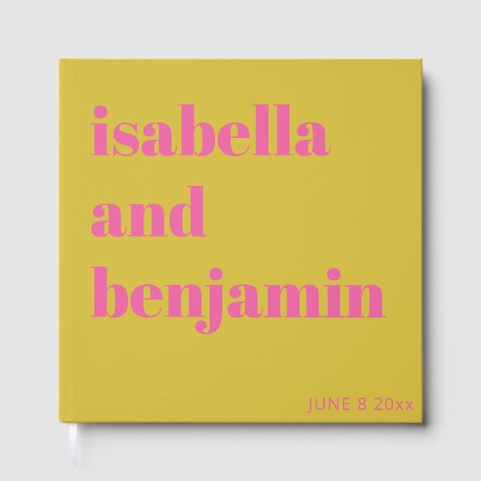 Custom Bold Names Modern Chartreuse Pink Wedding ゲストブック (正面)