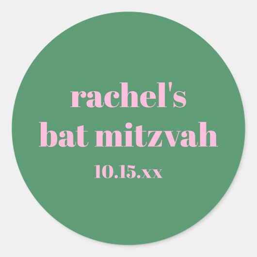 Custom Bold Pink Green Cute  Modern Bat Mitzvah ラウンドシール (正面)