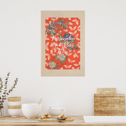 CUSTOM Bold Red Japanese Butterfly Pattern Art  ポスター (キッチン)