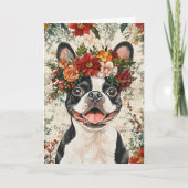 Custom Boston Terrier Christmas Floral Crown シーズンカード (正面)