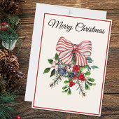 Custom, Bow Berries & Foliage Flat Christmas Card シーズンカード