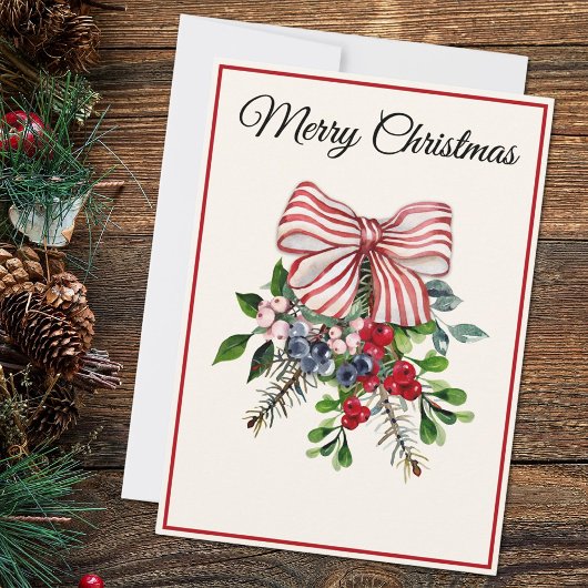Custom, Bow Berries & Foliage Flat Christmas Card シーズンカード