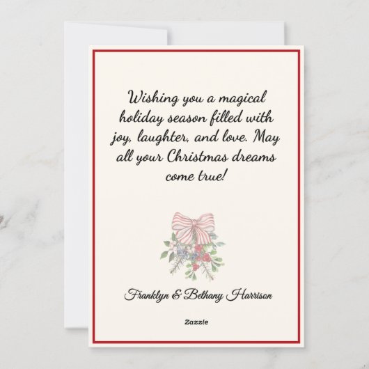 Custom, Bow Berries & Foliage Flat Christmas Card シーズンカード (裏面)