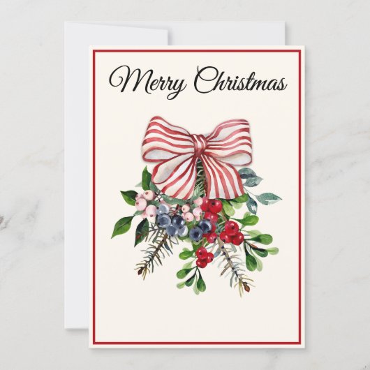 Custom, Bow Berries & Foliage Flat Christmas Card シーズンカード (正面)