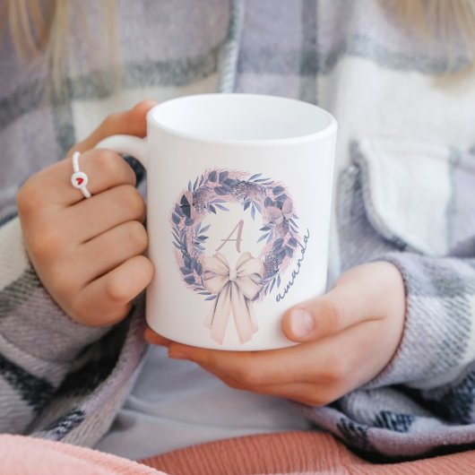 Custom Bow Pastel Monogram Mug Winter Floral コーヒーマグカップ