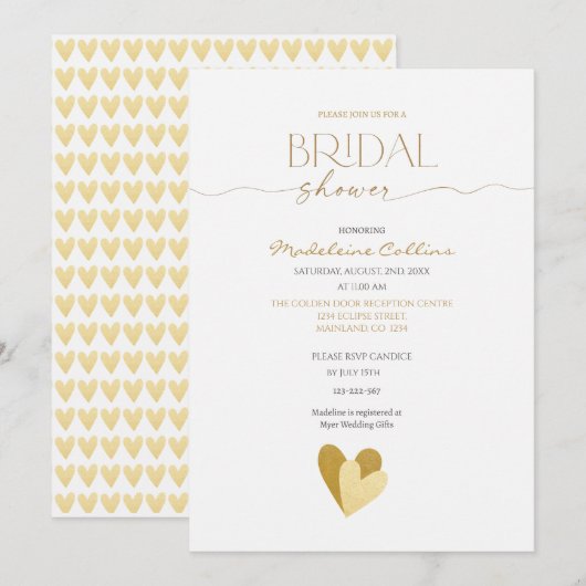 Custom Bridal Shower Gold Hearts Invitation (正面/裏面)