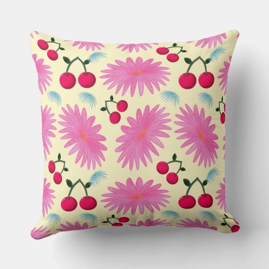 Custom Bright Pink Floral Cherry Pattern  クッション (裏面)