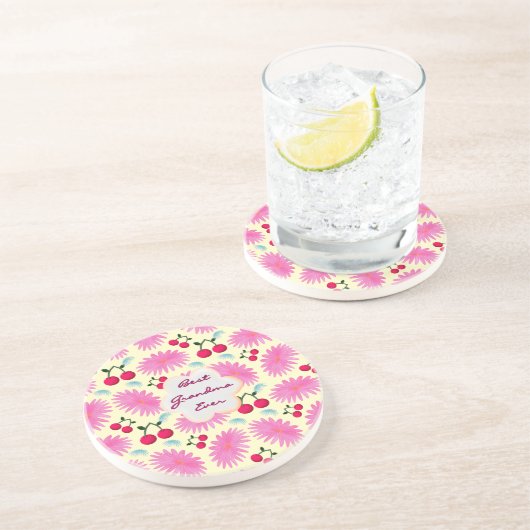 Custom Bright Pink Floral Cherry Pattern  コースター (側面)