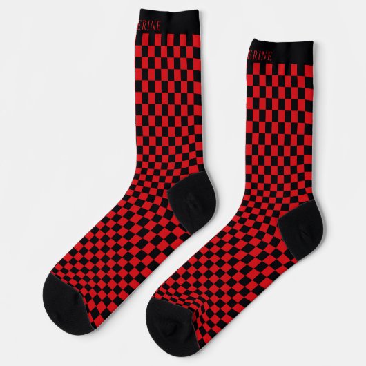 Custom Bright red and Black Checkered Pattern ソックス (左)
