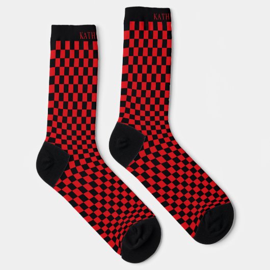 Custom Bright red and Black Checkered Pattern ソックス (右)