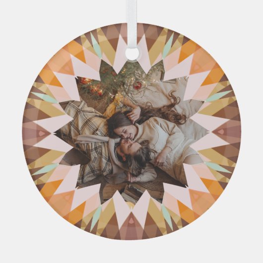 Custom Brown Orange Christmas Star Photo Gift Tree ガラスオーナメント (正面)