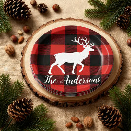 Custom Buffalo Plaid Deer Christmas Party Plates ペーパープレート