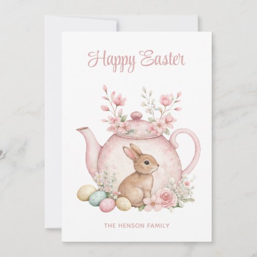 Custom Bunny & Pink Floral Teapot Happy Easter シーズンカード (正面)