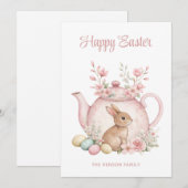 Custom Bunny & Pink Floral Teapot Happy Easter シーズンカード (正面/裏面)