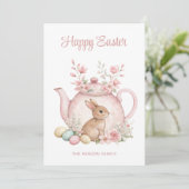 Custom Bunny & Pink Floral Teapot Happy Easter シーズンカード (スタンド正面)