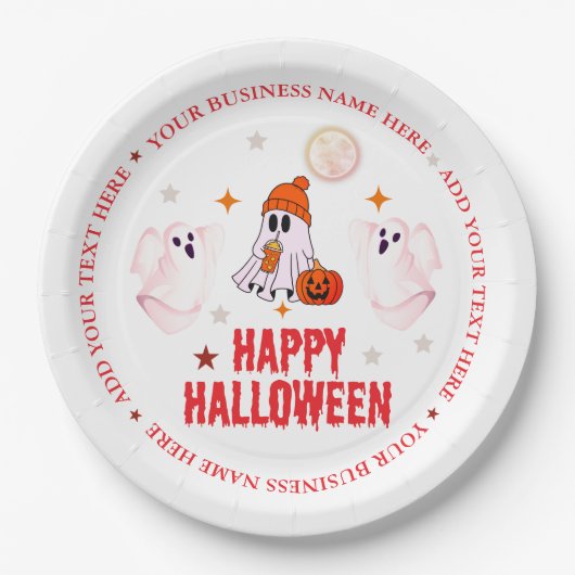 Custom Business Name, Text & Ghost Halloween ペーパープレート (正面)