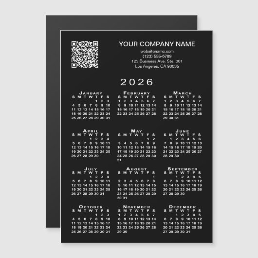 Custom Business QR Code 2026 Calendar Black Magnet (正面/裏面)