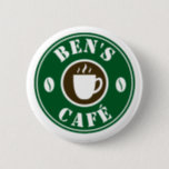 Custom cafe barista round name badge buttons 缶バッジ<br><div class="desc">Custom cafe barista round name badge pinback buttons for coffee bar, cafe, restaurant, shop, business etc. Personalized round name badges with cup and beans silhouette design. Available in small , medium and large. Create badges for staff, personnel, company co workers, boss, manager, employees, colleagues etc. Add your own name or...</div>