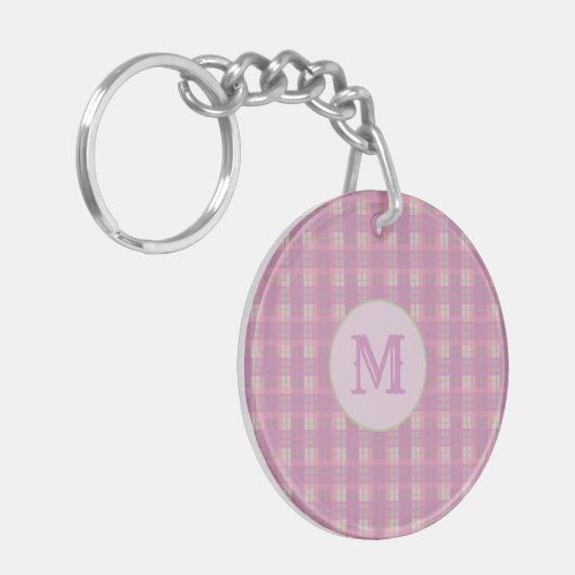 Custom Capital Initial Pink Plaid Stripe Key Chain キーホルダー (正面左)